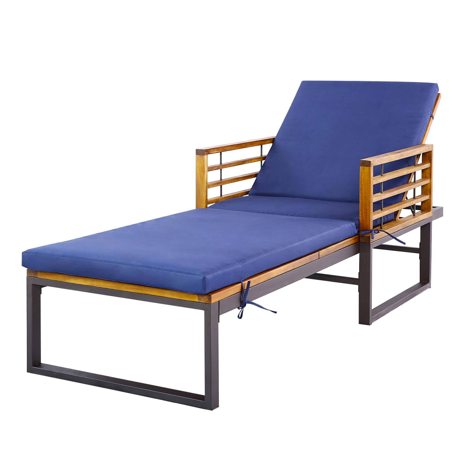 Tangkula Chaise longue de patio avec coussin, transat de piscine inclinable réglable avec structure en bois d'acacia et métal